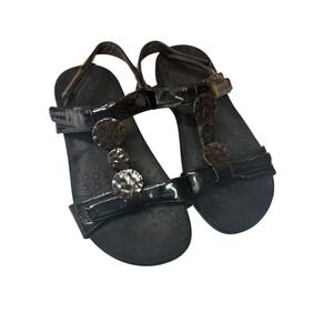 Vionic Farra Black Patent Sandals Comfort Support T Strap Summer Travel 7